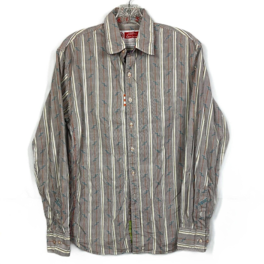 Robert Graham Shirt Mens S The Freshly Laundered Brown Striped‎ Embroidered